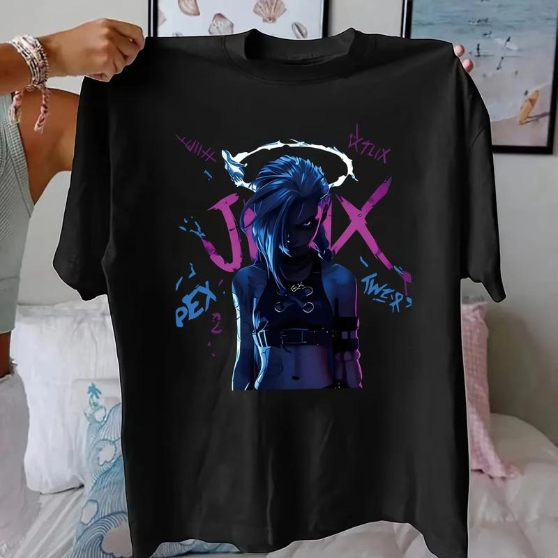 Suitable for Anime and Game Fans Holiday Gift Fashion Casual Versatile Jinx Character TShirt Cartoon Style with Neon Colors