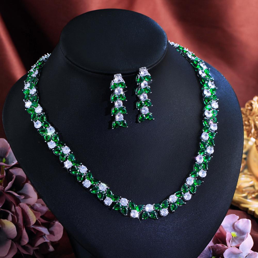 Zircons Gorgeous Shiny Green White Cubic Zirconia Earrings Necklace Sets for Women Wedding Evening Party Dress Jewelry T0981