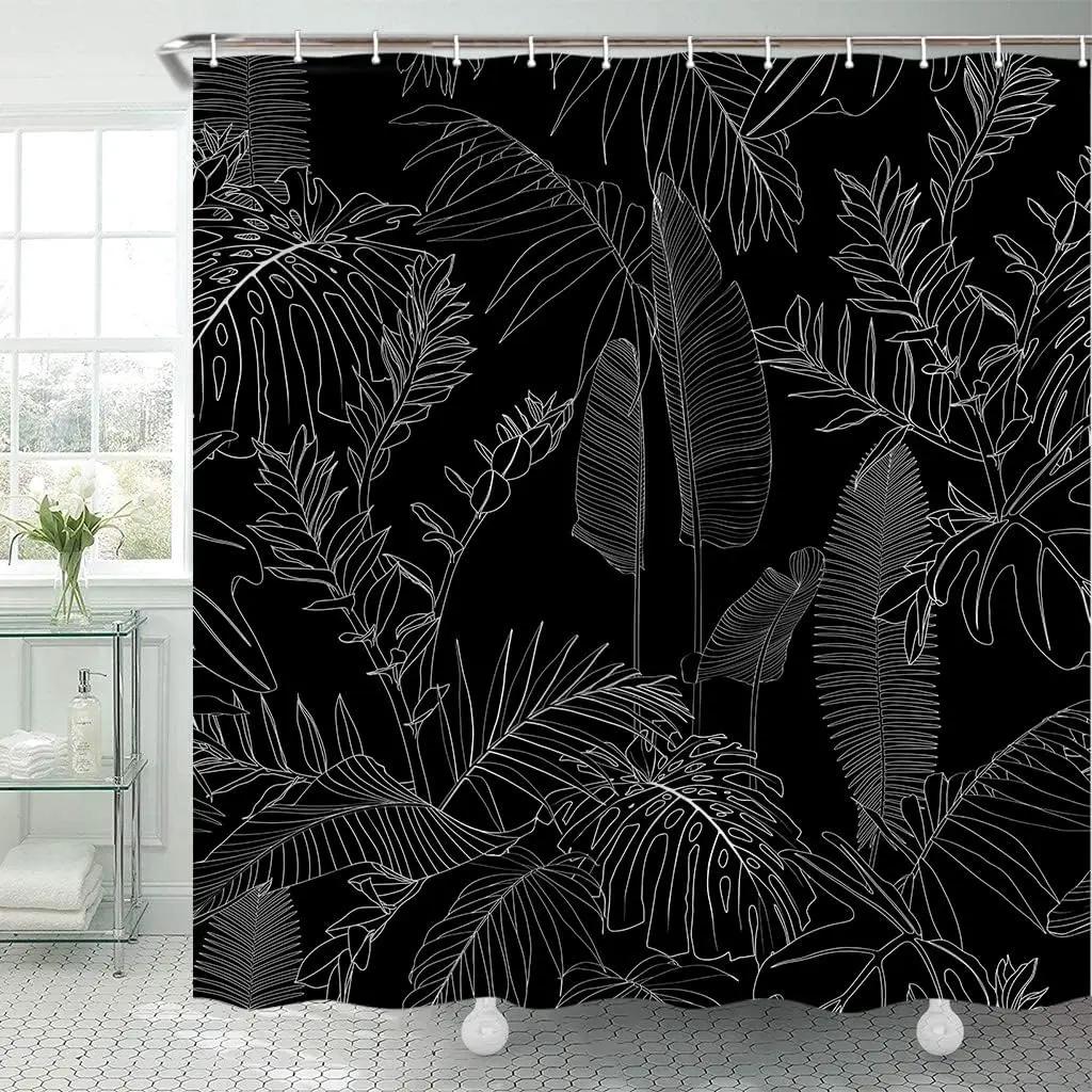 Green Shower Curtain, Bathroom Shower Curtain With Elegant Tropical Leaves And Flowers, Minimalist Plant Fabric Shower Curtain,