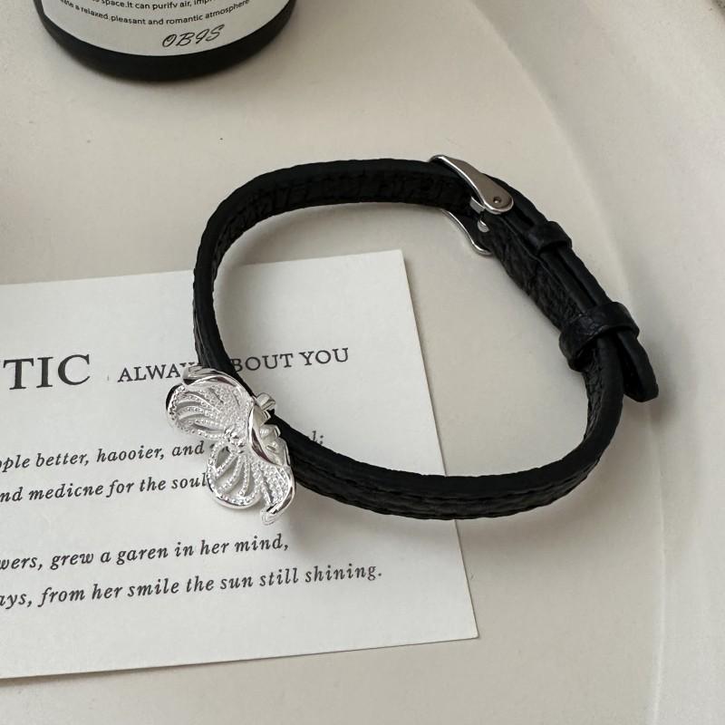 S925 Sterling Silver Korean Niche Big Flower Leather Bracelet - Retro Fashion Jewelry