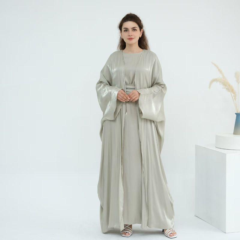 

New Middle East Dubai Elegant Solid Cardigan Robe Dress Two-piece Set Two Piece Dress Set Light green L