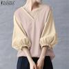 ZANZEA Women Casual V-Neck Splice 3/4 Sleeve Loose Blouse