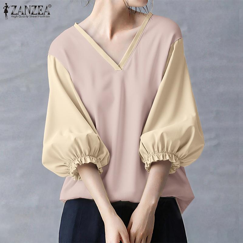 ZANZEA Women Casual V-Neck Splice 3/4 Sleeve Loose Blouse
