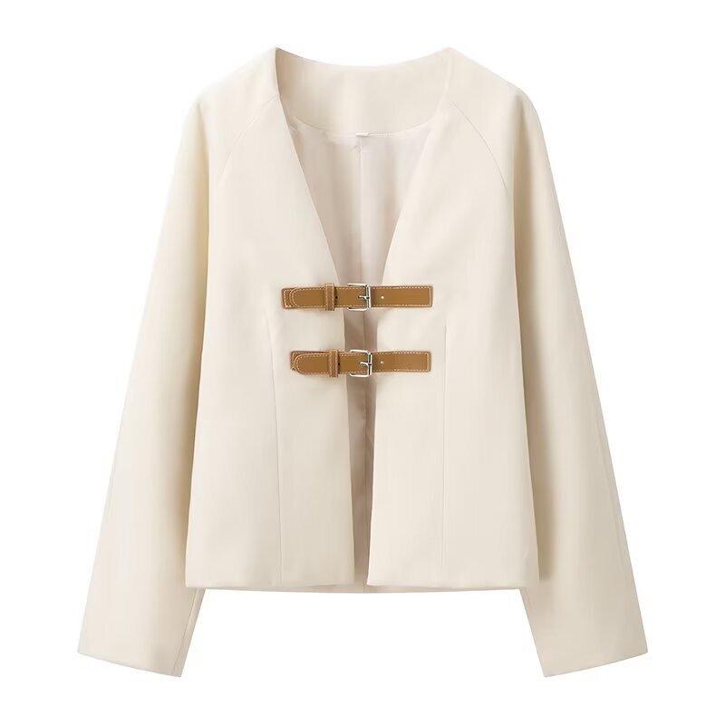 

Women s 2025 Fashion V-neck Long-sleeve PU Leather Slimming Coat S
