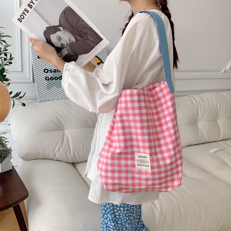 Canvas bag women's new contrasting color plaid shoulder bag college student literary commuter tote bag