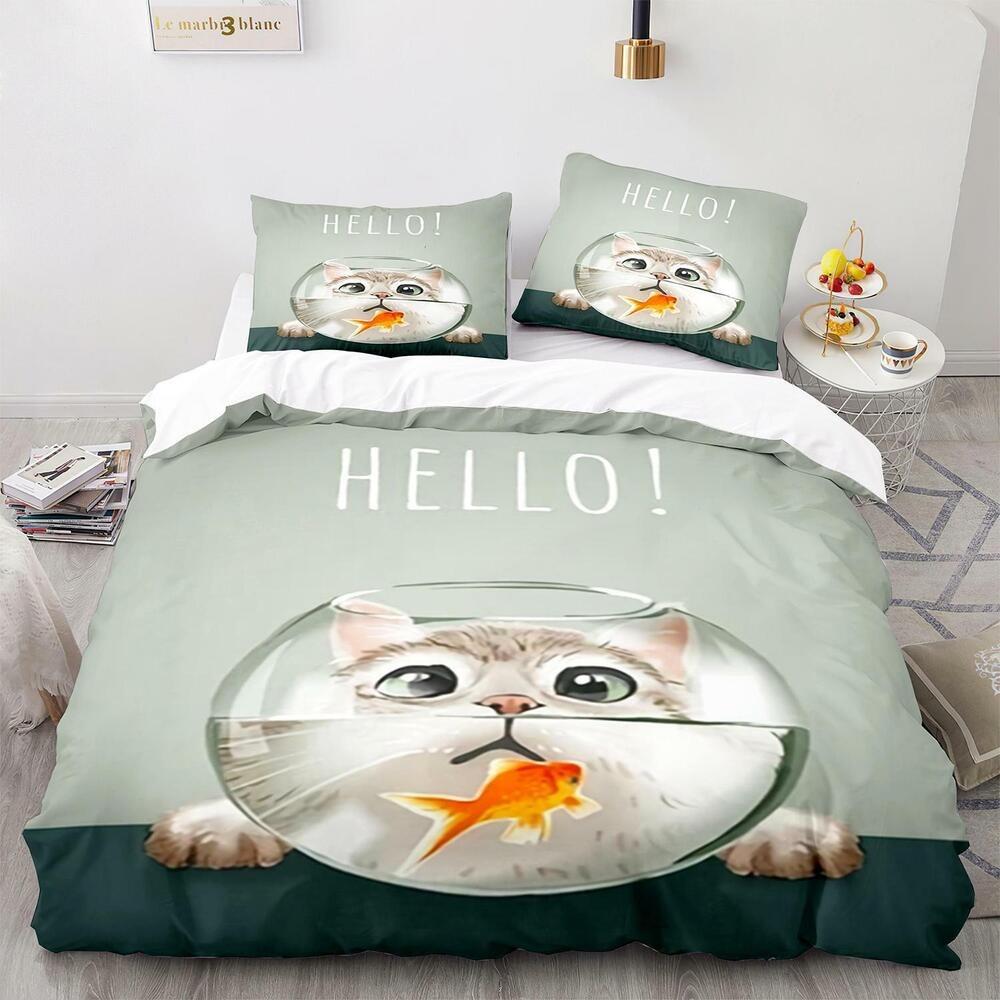 Set Biancheria da Letto 3D per Gatti King Queen Copri Letto Federa 2/3 Pezzi Animale Carino Morbido Copertura Regalo Letto Singolo Letto Matrimoniale