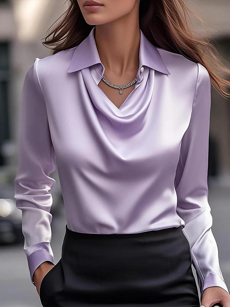 Champagne Gold Silk Blouse with Stacked Neckline, Elegant Women's Shirt In Multiple Colors