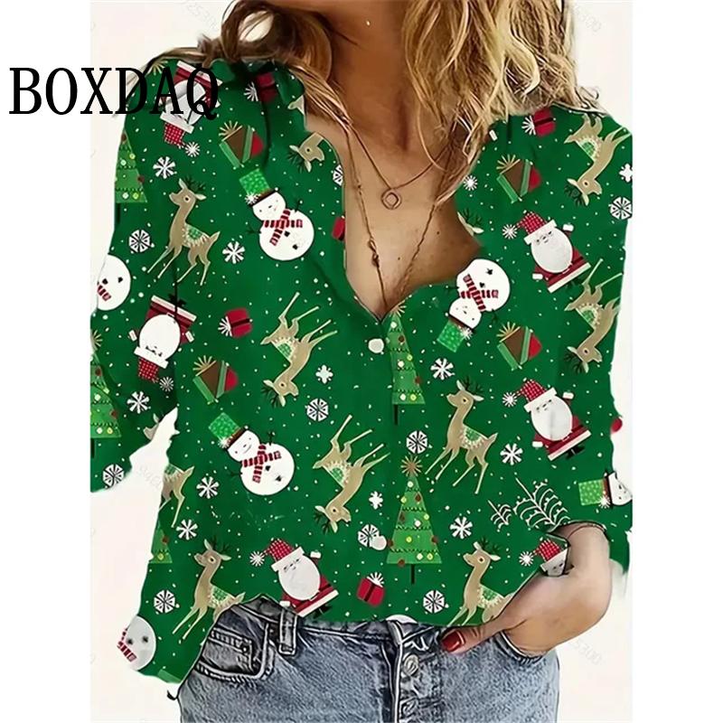 Women's New 3D Christmas Print Long Sleeve Blouses Elegant Lapel Long Sleeve Tops Winter Spring Single-Breasted Basic Shirt