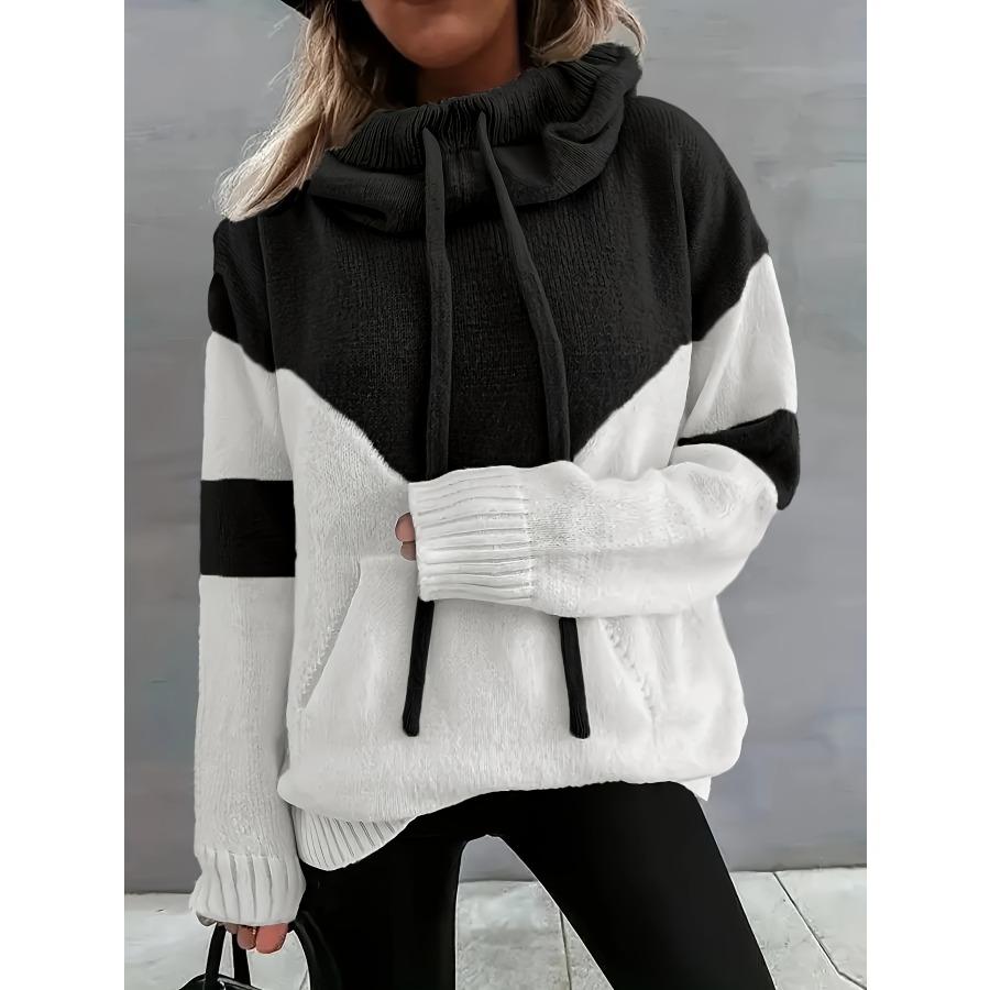 Color Block Drawstring Hooded Sweater, Casual Long Sleeve Pullover Sweater With Pocket, Women's Clothing