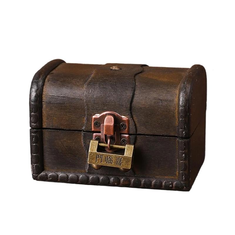 Vintage Wooden Treasure Chests Lockable Jewelry Storage Box Antique Style Decorative Organizers for Home Bedroom Decors