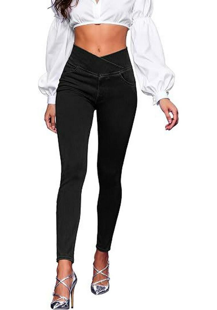Plus Size Women's High Waist Crossover Yoga Jeans with Double Pockets