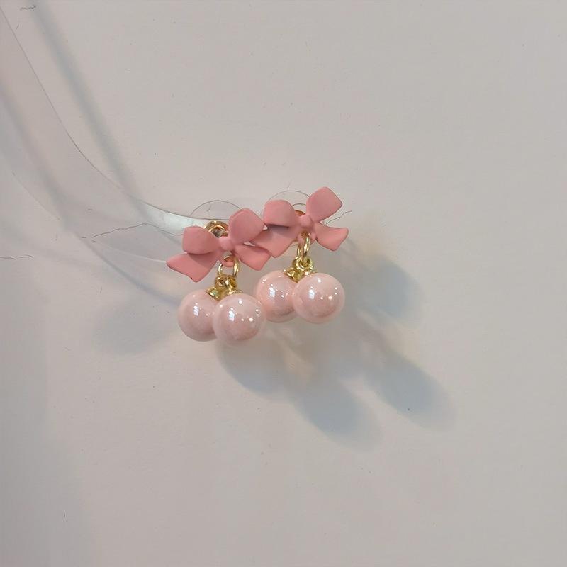 Super Sweet Pink Bow Earrings S925 Silver Needle Sweet Girl Heart Candy Bead Earrings Summer Fresh Earrings