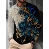 Men's Fashion Round Neck Long Sleeve T-Shirt Abstract Floral Leaf Print Casual Top Artistic Pattern Stylish Versatile Base Layer,