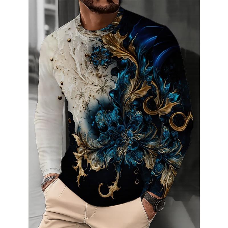 Men's Fashion Round Neck Long Sleeve T-Shirt Abstract Floral Leaf Print Casual Top Artistic Pattern Stylish Versatile Base Layer,