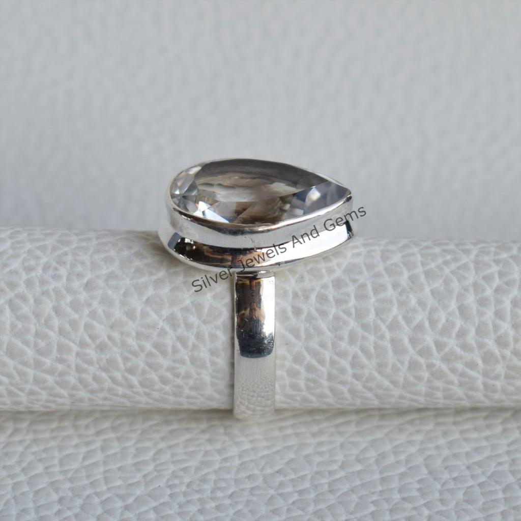 Natural White Topaz Ring, 925 Sterling Silver Ring, Bridesmaid Gift, Teardrop Crystal Ring, Promise Ring, Handmade Ring