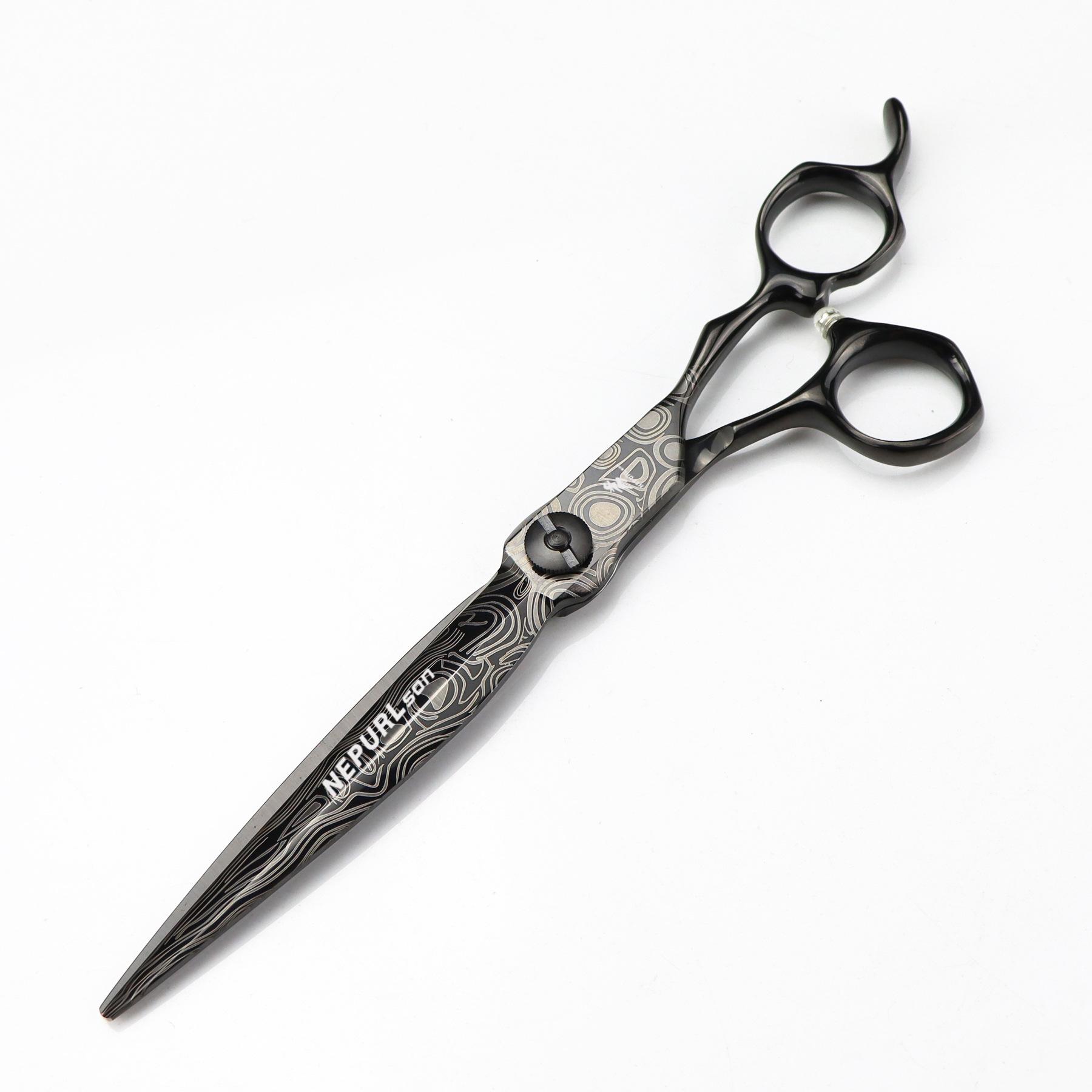 

Black 7 Napson Damascus Steel Hairdressing Scissors - Barber, Serrated, Thinning