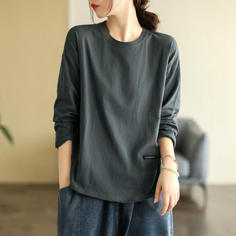 

Однотонна базова сорочка на ранню осінь для жінок 2025 Нова універсальна футболка з круглим вирізом та довгим рукавом для жіночого верху 3XL сірий