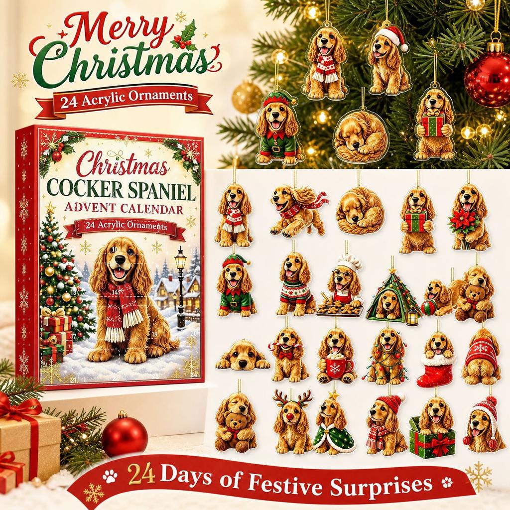 2026 Christmas Countdown Calenda, 24 Acrylic Cocker Spaniel Christmas Dog Ornament,Holiday Gift for Christmas