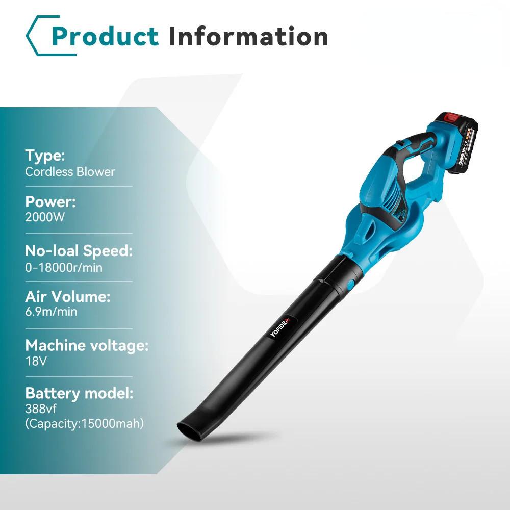 2000W High Powerful Portable Electric Air Blower Handheld Cordless Dust Blowing Blower Garden Tool for 18V Battery