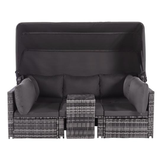 Rattan Sun Island Seating Set, Sofa with Canopy, Footrest, Armchairs, and Table, Outdoor Garden Furniture, Lounge Furniture for Balconies and Gardens,