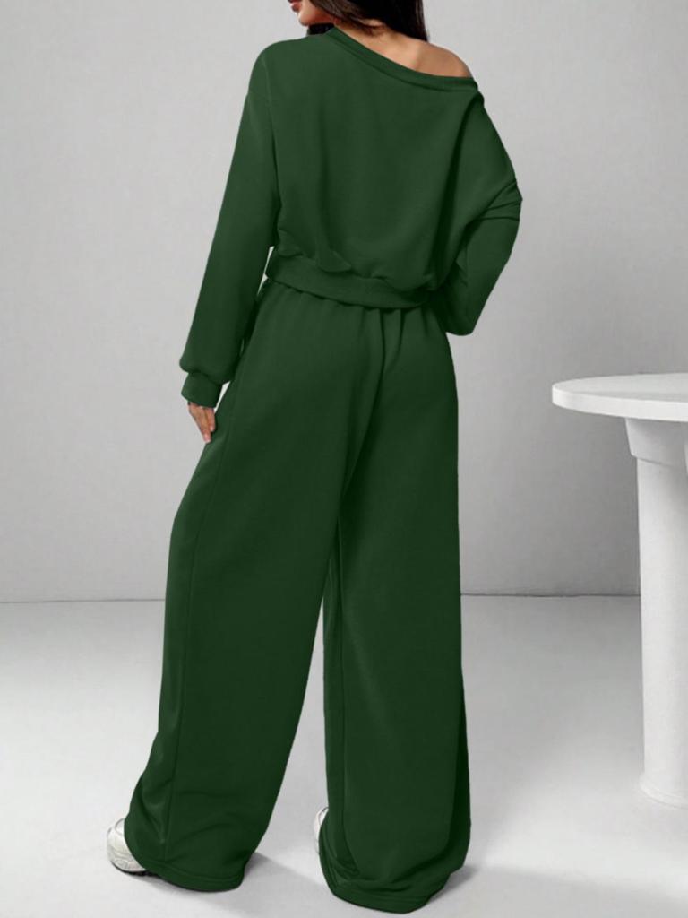 Women's Casual Solid Color Off-Shoulder Knit Sweatshirt Set