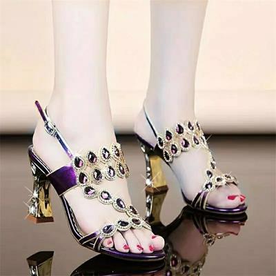 Fashion High Heels Temperament Diamond Sandals Summer Woman Party Shoes Fashion Brick Crystal Thick Heel Square Heel Sandals