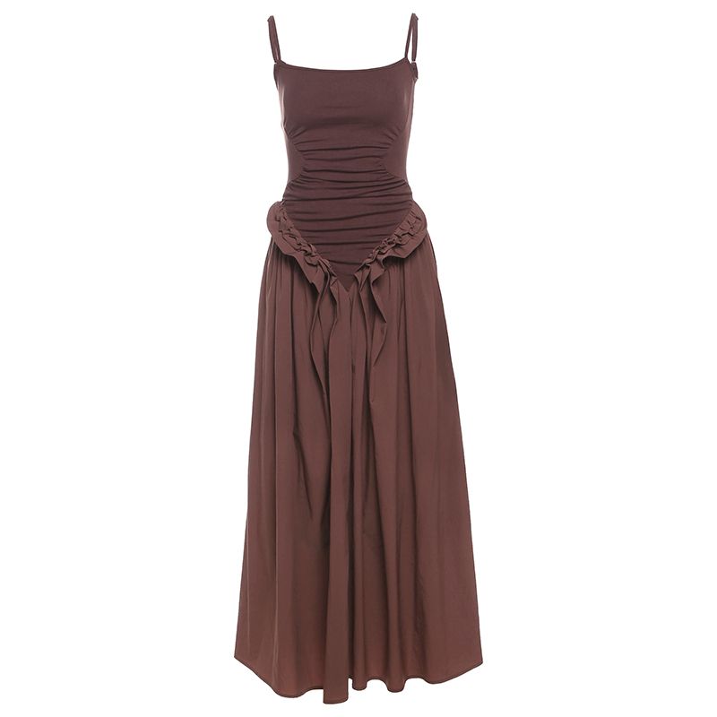 

# Sisjuly# Enjoy Silky Vintage Style Court Princess on the Run Pleat Lace Design Sling Dress Women Brown L