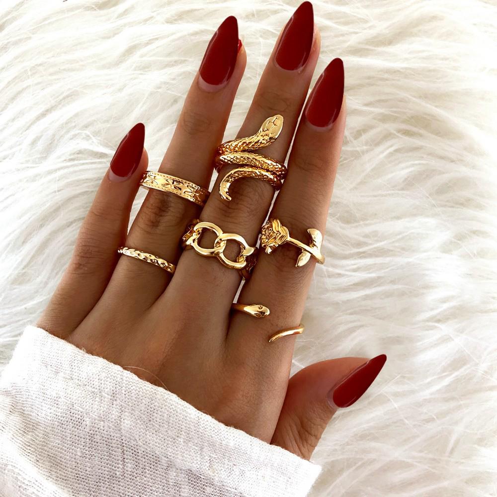 Vintage Black Glaze Zircon Spade Heart Ring Set - 7 Pieces