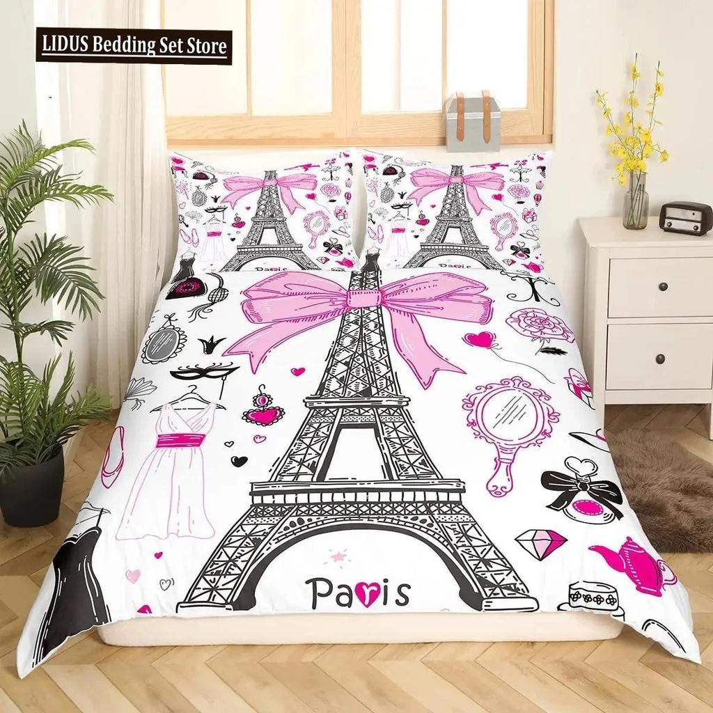 Comforter Valentine Day King Queen Paris Eiffel Tower Bedding Set Pink Watercolor Tulips Flowers Balloon Polyester