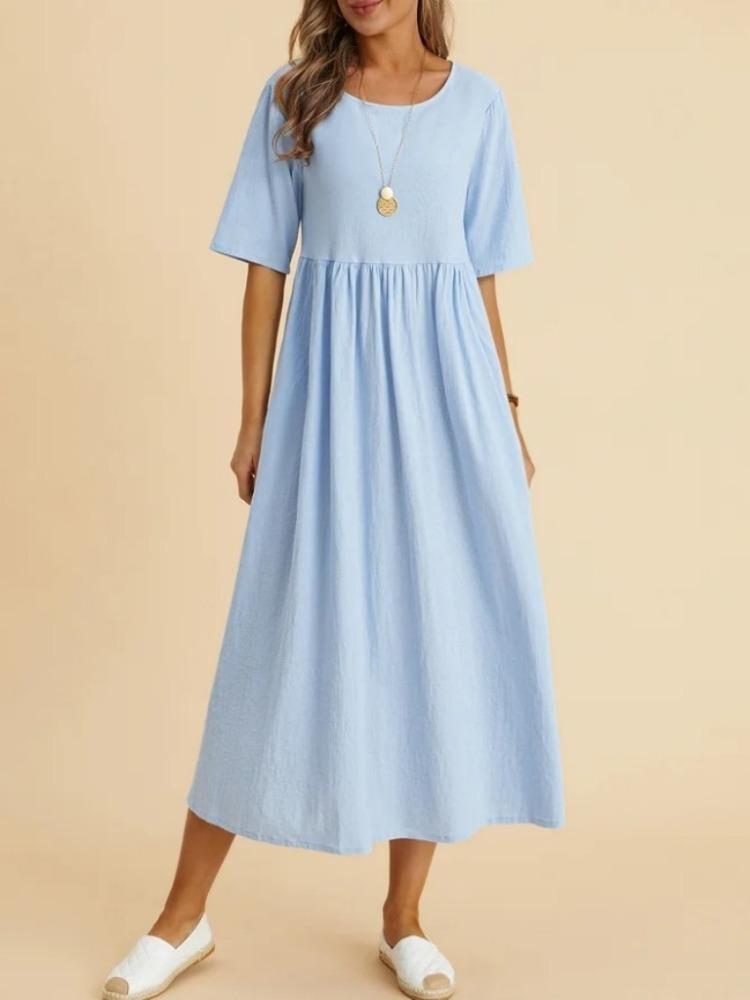 Loose Women Hemp Cotton Dress Medium Length Large Size Round Neck Half Sleeve