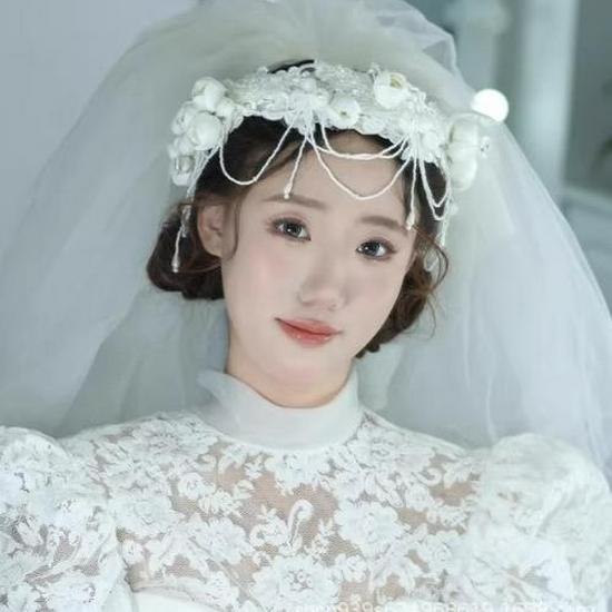 Lace Pearl Tassel Headband & Floral Wreath Veil for Wedding or Evening Dress