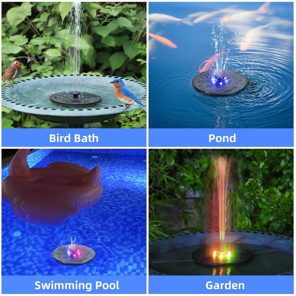Solarbrunnen, 4 W, Vogelbad-Springbrunnenpumpe, verbesserter Springbrunnen mit Glasplatte und farbigen LED-Leuchten, 7 Düsen und 4 Halterungen