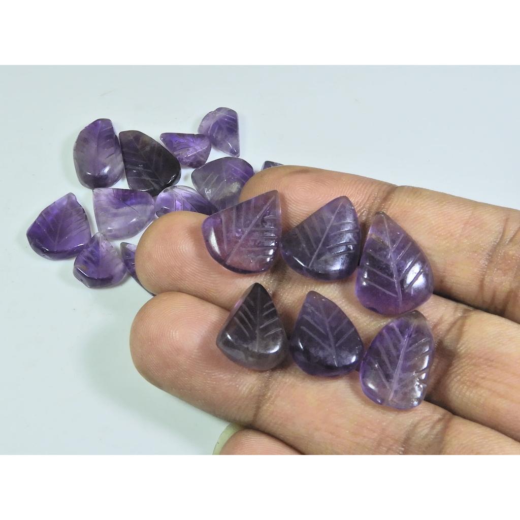 100Cts. Natural Amethyst Leaf Carving Pear Cabochon Loose Gemstone 19Pcs Lot A-544