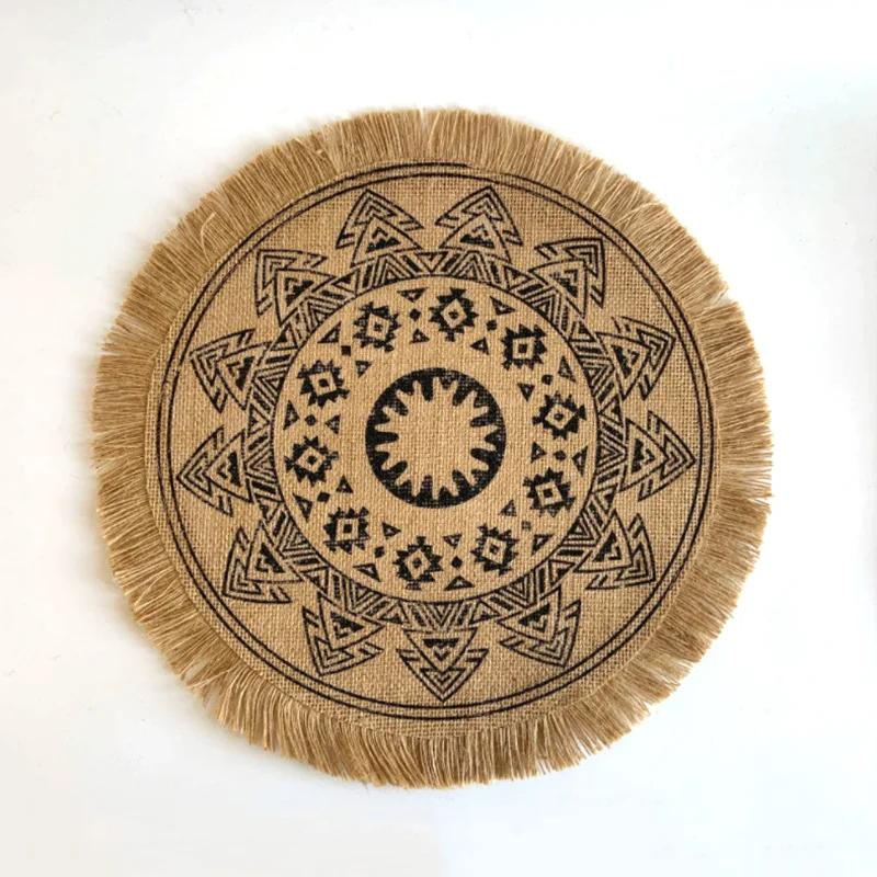 Boho Round Placemat 15 Inch,Farmhouse Woven Jute Fringe TableMats with Pompom Tassel Place Mat for Dining Room INS Table Decors
