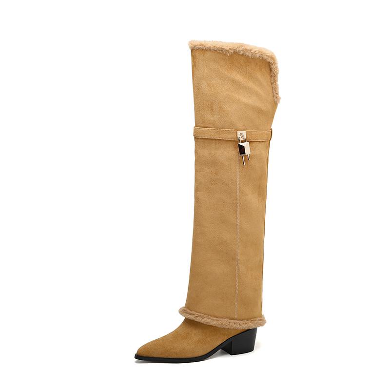 Krazing Pot Flock Pointed Toe Thick High Heels Thigh High Boots Size 46 Size 45 Slip On Plus Size Women Keep Warm Over-the-knee Boots