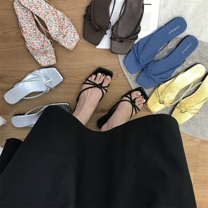 Spring 2025 new flat-bottomed cool slippers square-headed fairy style with skirt strap cover toe silver sandals women's shoes