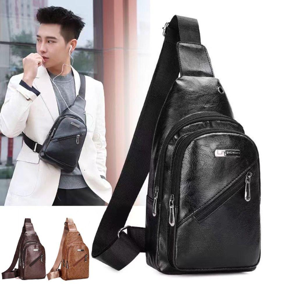 PU Leather Men's Shoulder Bag Anti-theft Large Capacity Travel Crossbody Bag Outdoor Small Backpack Multi-layer Chest Bag