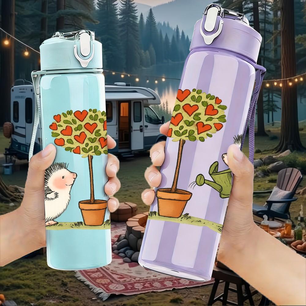 1PC Hedgehog Plant Date Art 750ml Color Plastic Sports Water Bottle Leakproof Flip Straw Lid Suitable for Sports Office Home Use