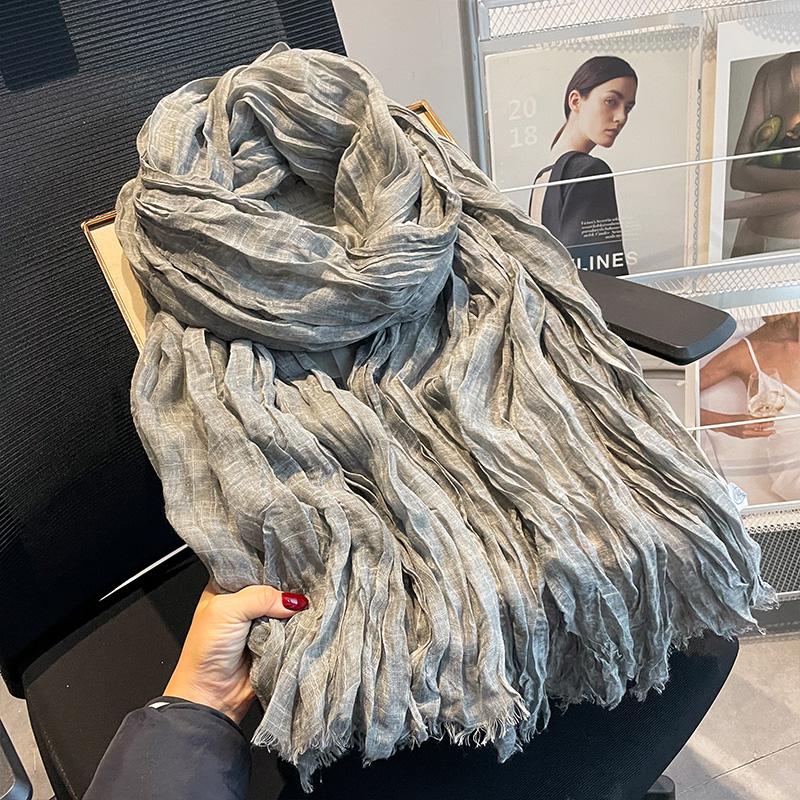 Japanese pleated solid color spring and autumn cotton and linen scarf silk scarf women's literary summer shawl Korean version scarf yarn versatile