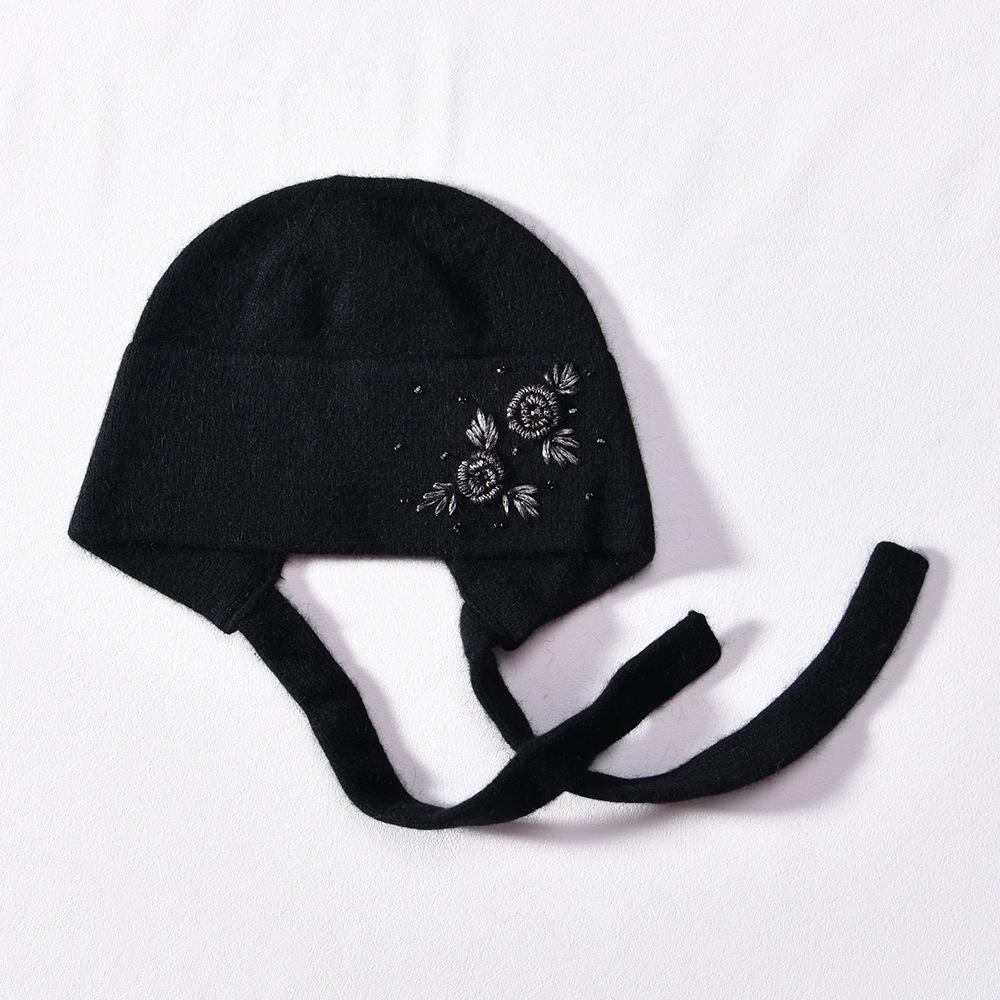 Autumn and winter new embroidered ear protector with diamond, warm wool hat, angora rabbit hair knitted hat