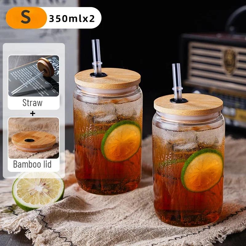 Drinking Cup Glasses with Bamboo Lid Juice Glass Straws Beer MugIce Coffee Mugs Cute Glasses Beer Jars Glasses Brush Drinkware
