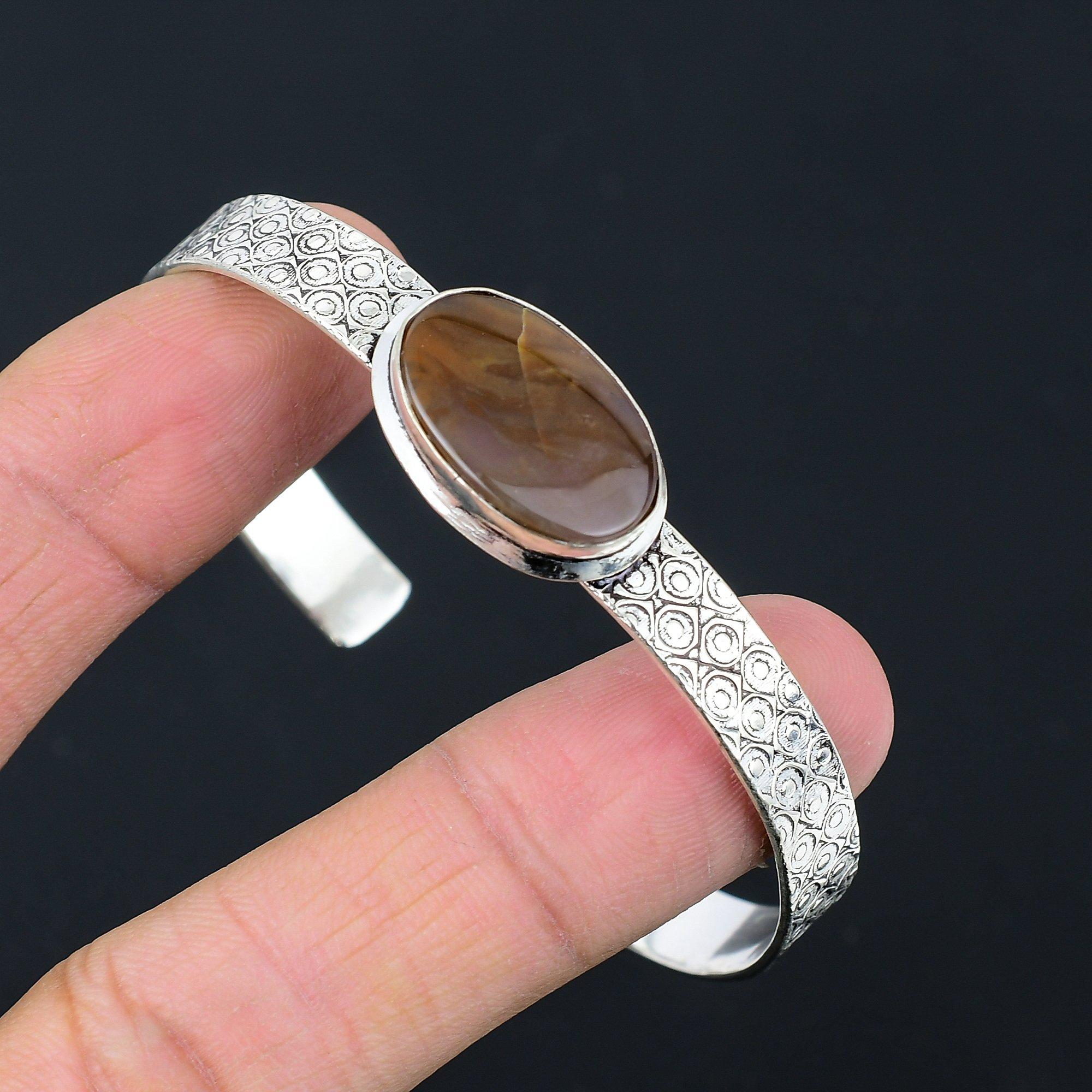 

Oval Landscape Jasper Gemstone Engagement Boho Wife Bangle Bracelet 925 Silver Adjustable