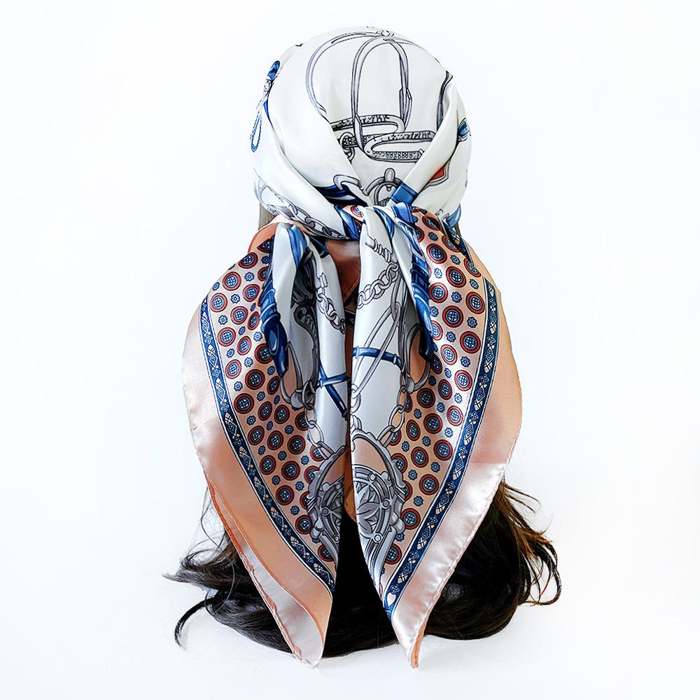 Women's Satin Artificial Silk Square Scarf Shawl Classic Chain Printing Silk Scarf 90cm Headscarf