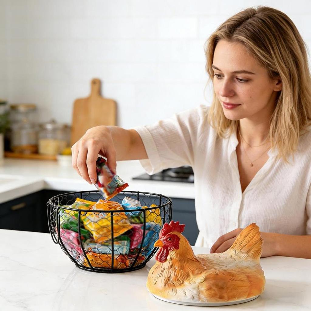 Vintage Metal Organizer Egg Gathering Basket with Hen Lid Egg Basket for Fruit Snack Farmhouse Kitchen Desktop Farm Easter