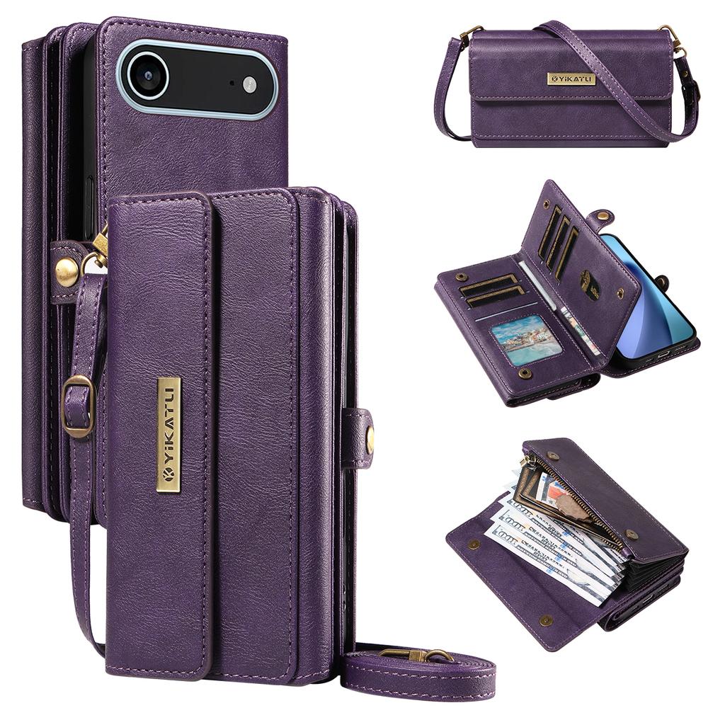 For iPhone 17 Air Case YIKATU YK-008 Zipper Wallet Leather Phone Cover with Shoulder Strap