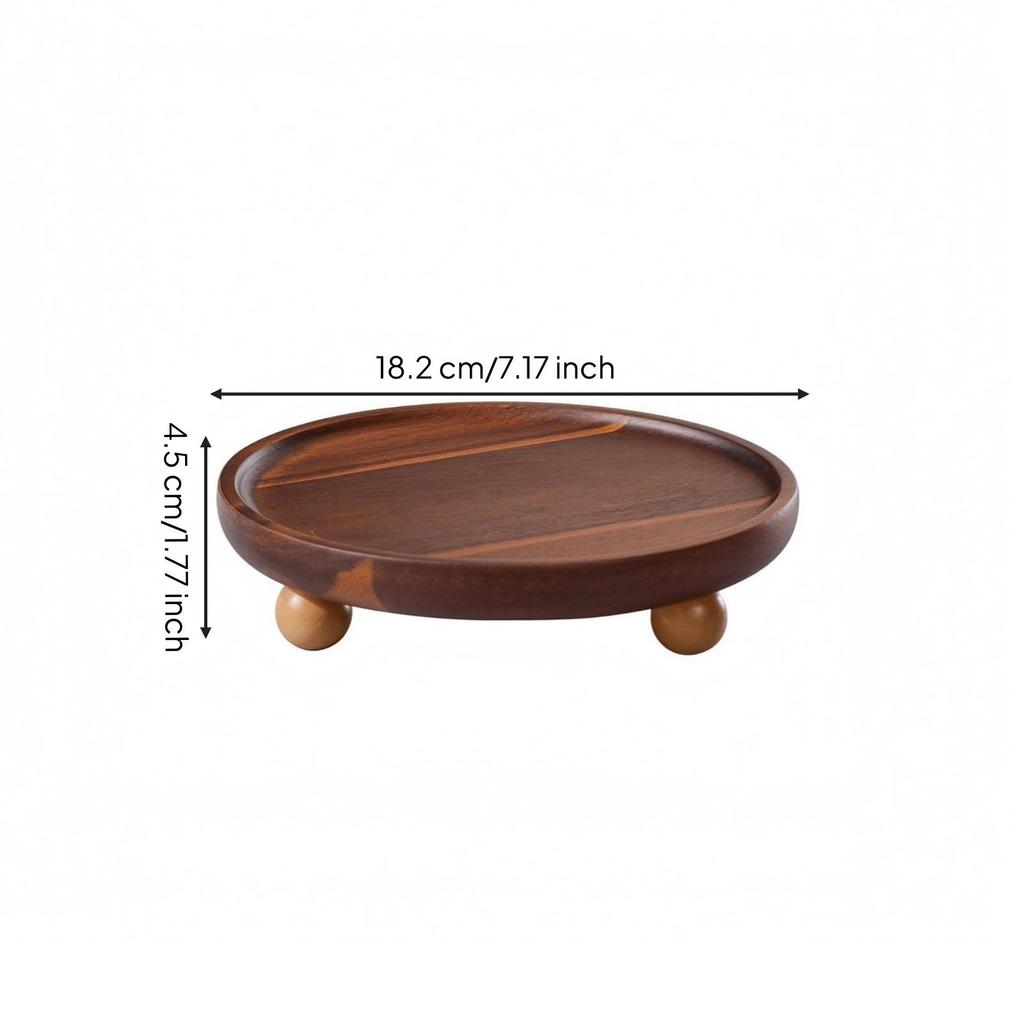 Round Acacia Tray Shallow Rim Wooden Serving Raised Feet for Entryway