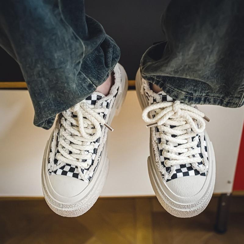 Men Grid Canvas Shoes Platform Casual Flat Shoes Fashion Comfort Wear-resistant Sneakers Zapatillas Tenis Trendy Man Board Shoes