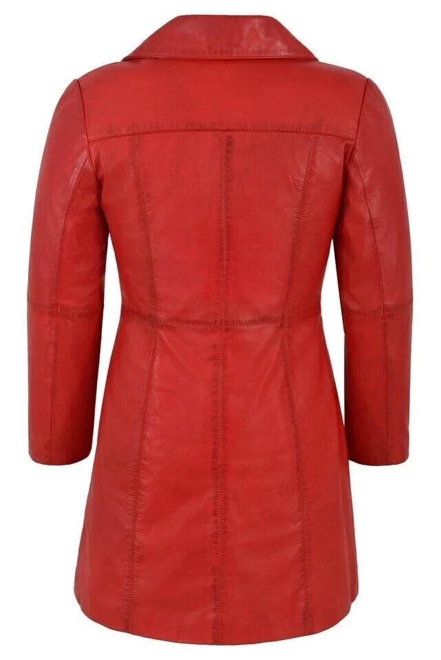 Czerwony Ręcznie Robiony Skórzany Płaszcz Trenczowy Damski z Jagnięcej Skóry Nappa