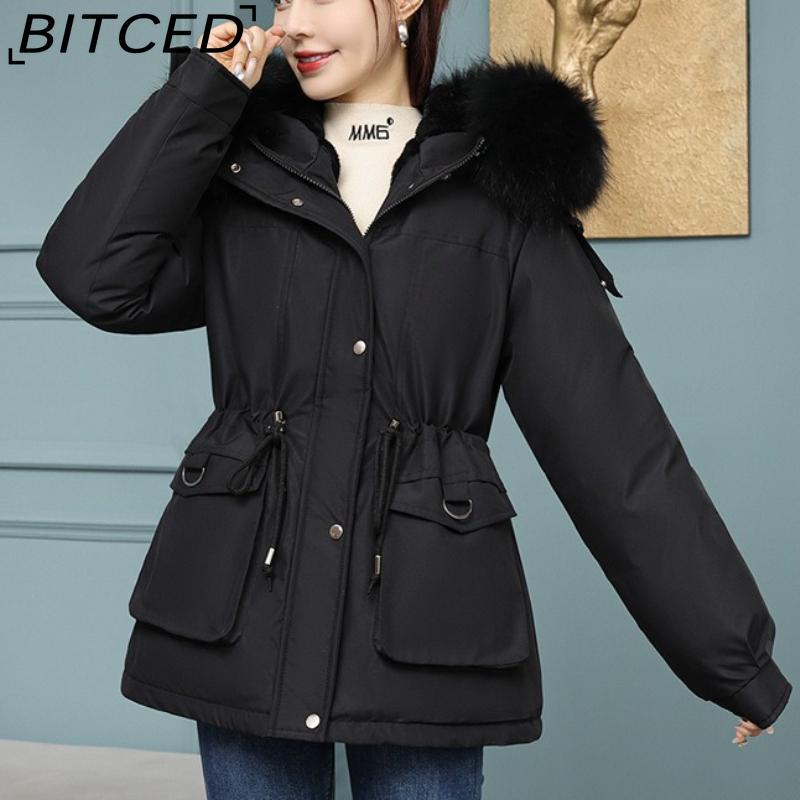 BITCED Women's Fleece-Lined Thickened Puffer Coat - Short Winter Style with Large Fur Collar, Slim-Fit and Flattering Cotton-Blend Outerwear