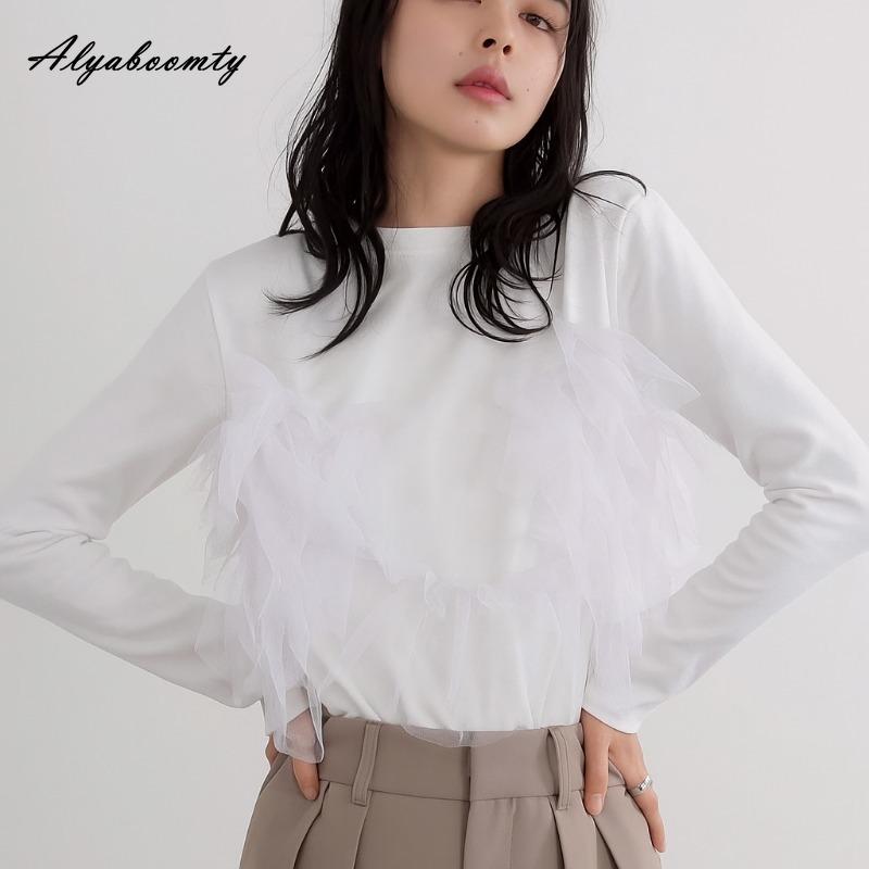 Korean Ulzzang Spring Autumn Women Streetwear Top O Neck White Gray Black Ruffles Patchwork T-Shirt Stylish Feminine Ladies' Tee